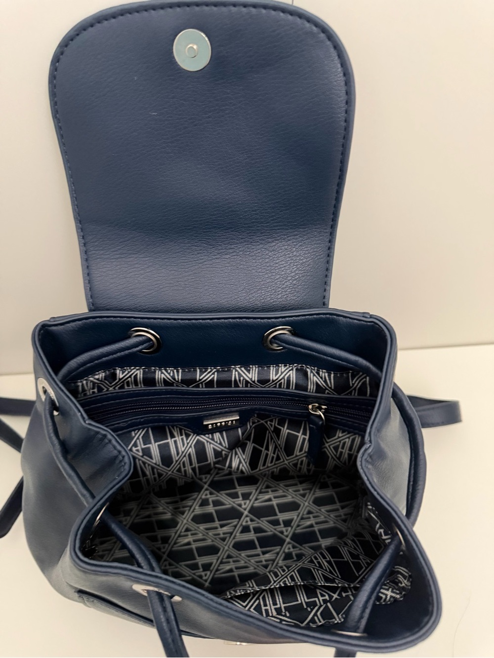 Classic Navy Drawstring Leather Mini Backpack - Picture 2 of 4